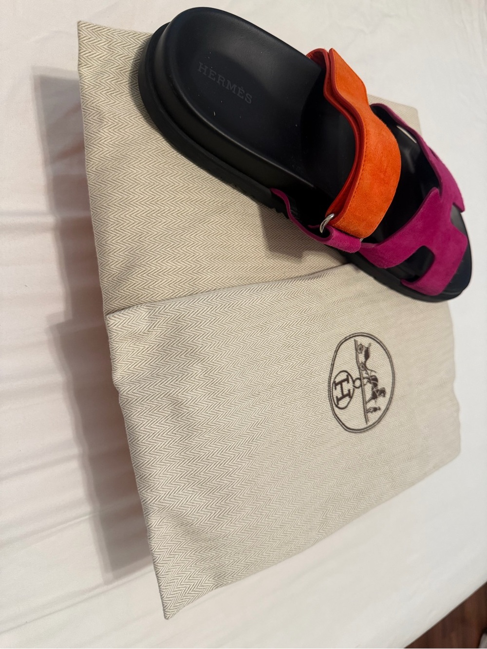Hermes Orange and Fuchsia Suede Slide Sandals
